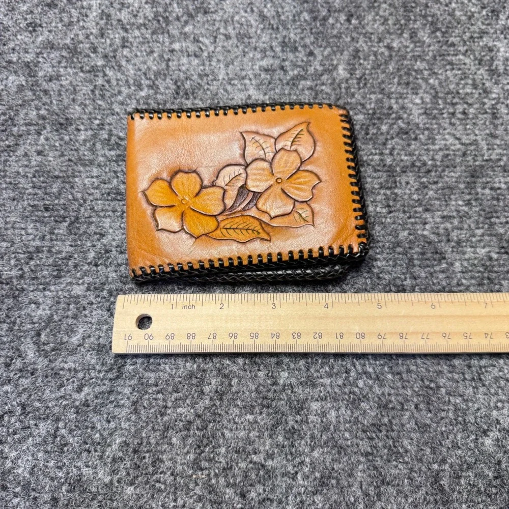 Unbranded Tooled Leather Wallet Mens OS Tan Floral Western Cowboy Bifold Boho
